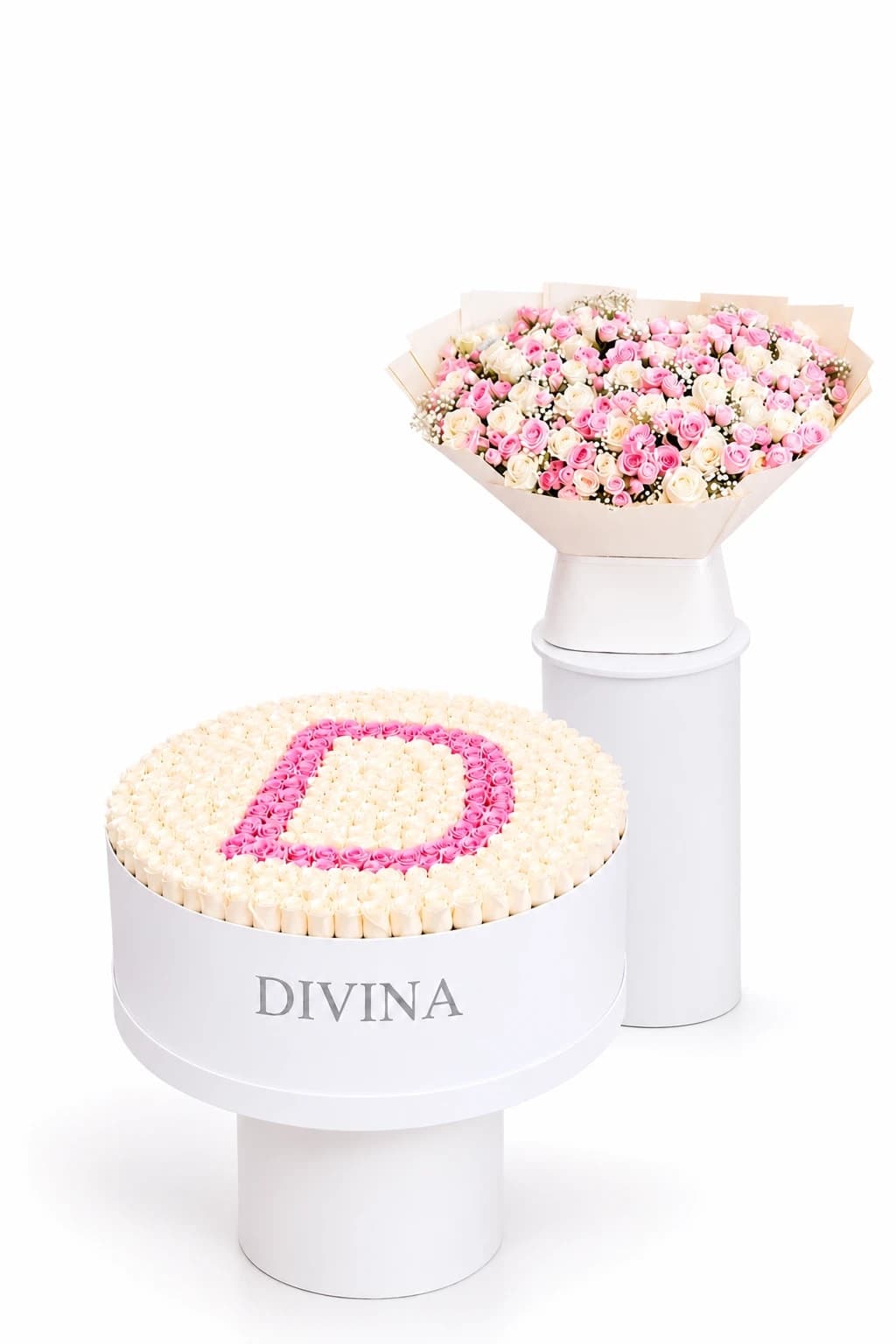 Blush Monogram Rose Box & Bouquet Set arrangement by Divina Arrangements