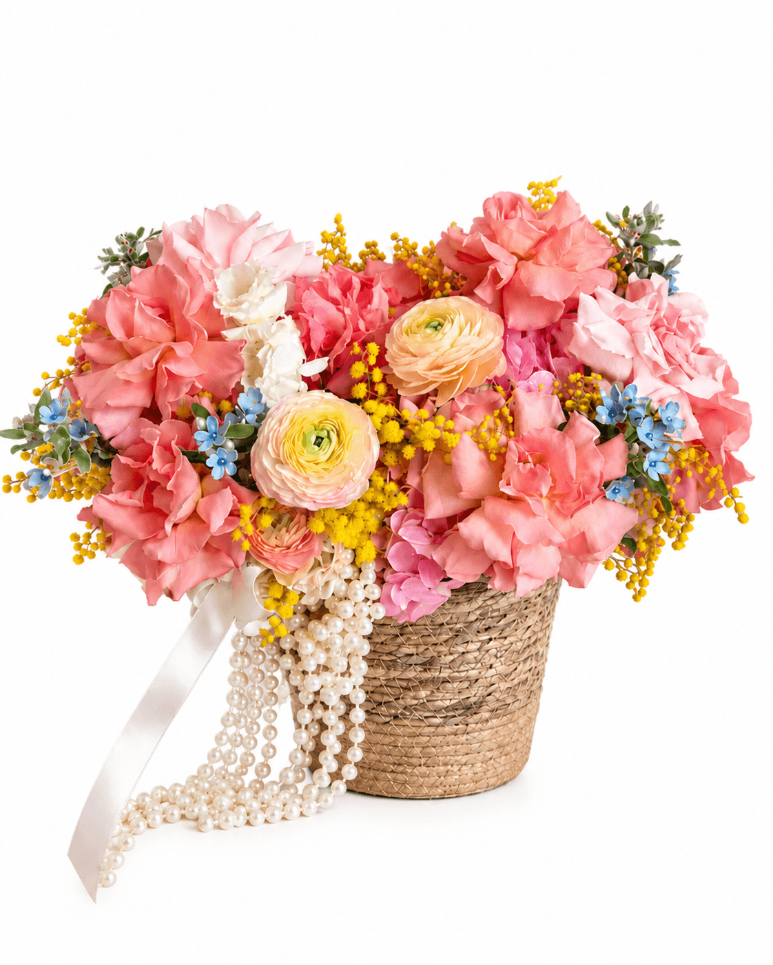 Coral Pearl Basket arrangement by Divina Arrangements