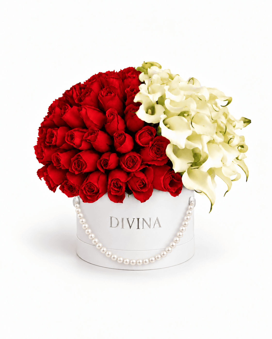 Scarlet Calla Pearl Box arrangement by Divina Arrangements