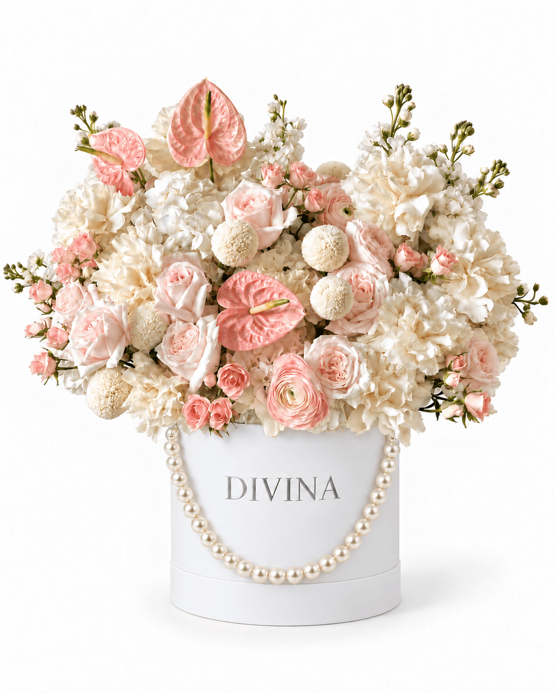 Blush Anthurium Pearl Box arrangement by Divina Arrangements