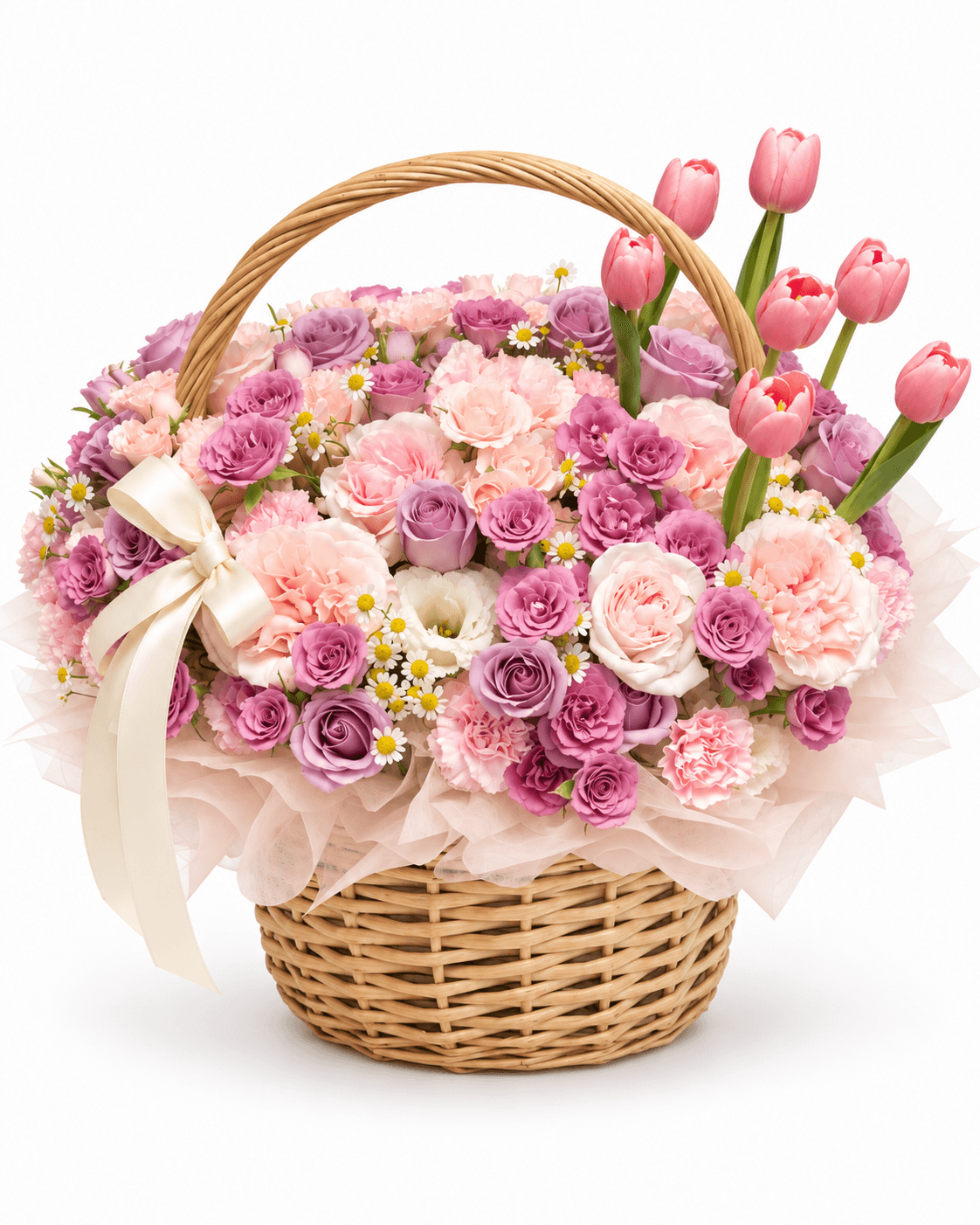 Tulip Tea Party Basket arrangement by Divina Arrangements