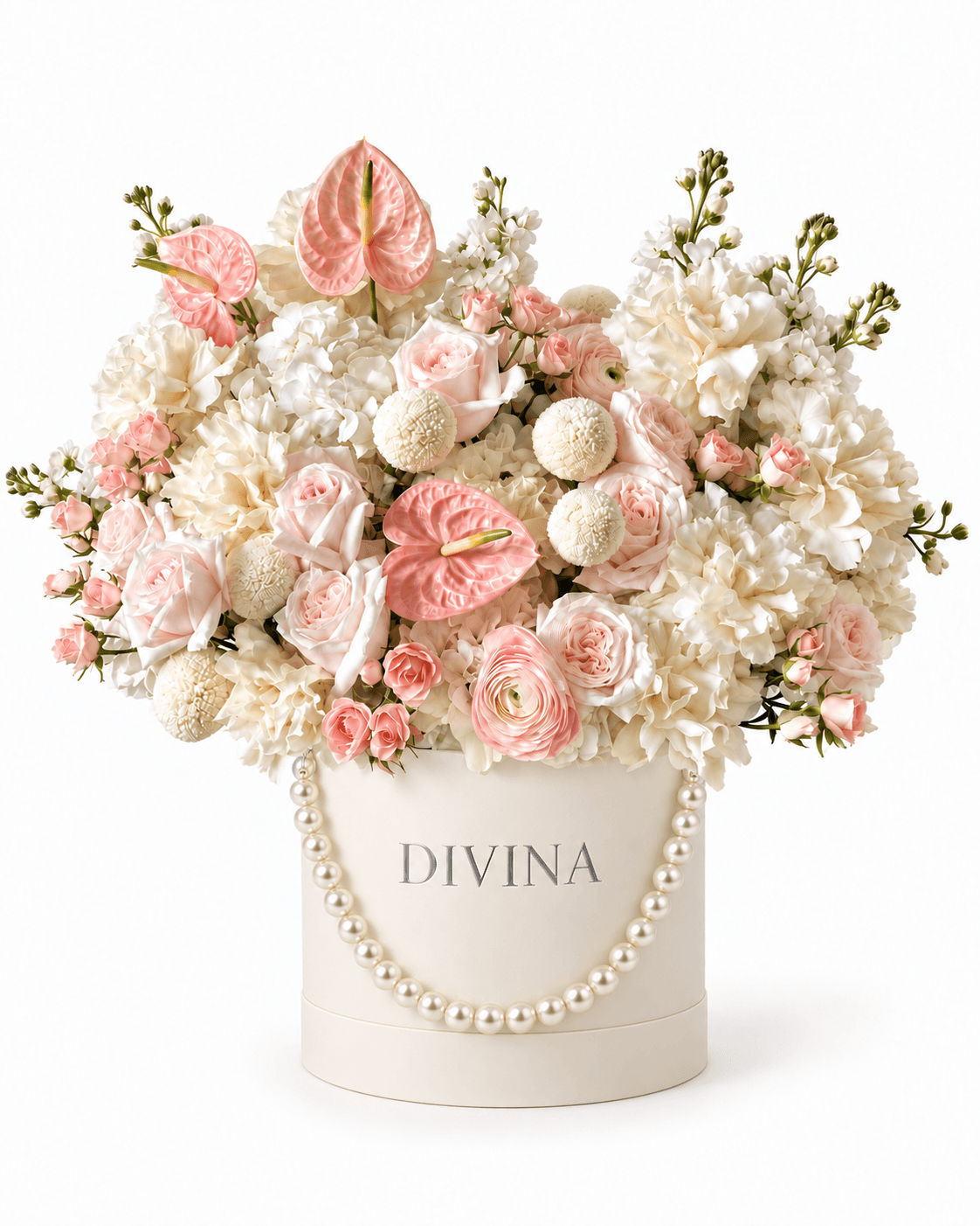 Blush Anthurium Pearl Box arrangement by Divina Arrangements