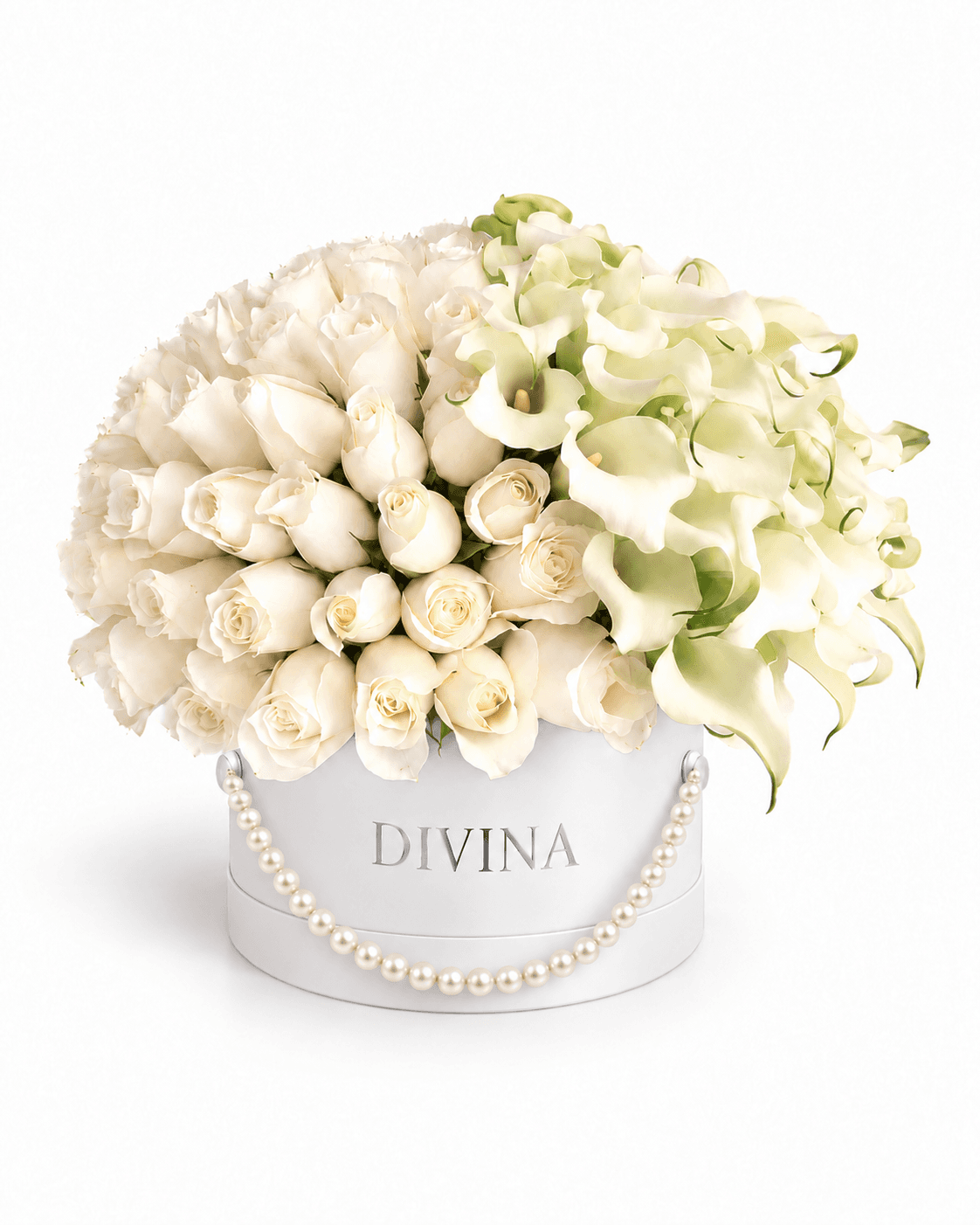 Ivory Calla Pearl Box arrangement by Divina Arrangements